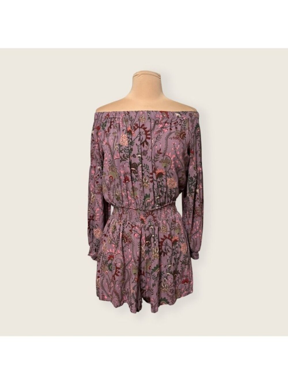 Free People Floral Romper S Mauve Multi Long Sleeve Cutout Back EUC Boho